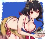  1girl alternate_costume bare_shoulders bikini black_hair blush breasts cleavage collarbone food hair_ornament highres holding holding_food kantai_collection large_breasts looking_at_viewer momiji_(103) red_eyes sarong shaved_ice short_hair simple_background solo swimsuit yamashiro_(kantai_collection) 