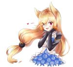  1girl :d animal_ears babydoll bangs black_gloves blonde_hair blue_eyes blue_flower blue_rose blush cat_ears commentary elbow_gloves eyebrows_visible_through_hair eyes_visible_through_hair fang floral_print flower g41_(girls_frontline) girls_frontline gloves hair_between_eyes hair_over_one_eye hands_on_own_face heterochromia long_hair looking_at_viewer low-tied_long_hair melynx_(user_aot2846) open_mouth red_eyes rose rose_print simple_background smile solo very_long_hair white_babydoll white_background 