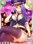  1girl adapted_uniform belt between_breasts black_gloves black_legwear blue_eyes blue_jacket blue_neckwear blue_skirt breasts cleavage cropped_jacket cuffs fingerless_gloves full_moon gloves hand_to_own_mouth handcuffs hat jacket koihime_musou kouchuu large_breasts legs legs_crossed long_hair mature midriff miniskirt moon naughty_face navel necktie night night_sky official_art open_clothes open_jacket outdoors peaked_cap police police_uniform policewoman purple_hair sitting skirt sky smile solo star_(sky) thigh-highs thighs uniform yatsuha_kanan 