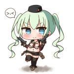  &gt;_&lt; 1girl bangs black_hat black_legwear black_shorts black_vest blue_eyes blush boots breasts brown_footwear brown_gloves brown_neckwear chibi closed_mouth commentary_request detached_sleeves dual_wielding eyebrows_visible_through_hair girls_frontline gloves green_hair gun hair_between_eyes hana_kazari hat holding holding_gun holding_weapon imi_uzi long_hair long_sleeves looking_at_viewer medium_breasts micro_uzi_(girls_frontline) midriff mini_hat navel necktie short_necktie short_shorts shorts smile solo spoken_expression standing standing_on_one_leg star submachine_gun thigh-highs twintails v-shaped_eyebrows very_long_hair vest weapon white_background 