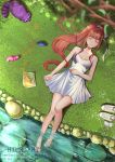  1girl absurdres animal animalization artist_name bag bare_arms bare_legs barefoot bird blurry_foreground branch breasts brown_hair closed_eyes collarbone commission day doki_doki_literature_club dress eyebrows_visible_through_hair from_above hair_ribbon hand_on_own_stomach highres huge_filesize kaze-hime long_hair lying medium_breasts monika_(doki_doki_literature_club) natsuki_(doki_doki_literature_club) nature on_back on_ground outdoors plastic_bag ponytail raccoon ribbon sayori_(doki_doki_literature_club) shoes_removed signature soaking_feet socks_removed solo squirrel water white_dress white_ribbon yuri_(doki_doki_literature_club) 