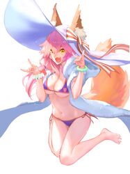  1girl :d animal_ears bikini blue_bikini breasts cleavage collarbone ears_through_headwear fang fate/grand_order fate_(series) fox_ears fox_tail hat highres jumping long_hair looking_at_viewer navel open_mouth pink_hair ribbon side-tie_bikini smile solo sun_hat swimsuit tail tamamo_(fate)_(all) tamamo_no_mae_(swimsuit_lancer)_(fate) ya99ru yellow_eyes 