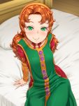  1girl bed bed_sheet blush bonnet breasts closed_mouth collarbone curly_hair dragon_quest dragon_quest_vii dress fantasy fingernails gold_trim green_eyes hair_intakes jewelry long_hair long_sleeves looking_at_viewer maribel_(dq7) on_bed orange_hair pillow ring shikuta_maru sitting small_breasts smile solo wooden_floor 