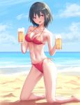 1girl bare_arms bare_legs bare_shoulders barefoot beach beer_mug bikini black_hair blue_sky blush breasts clouds collarbone commentary_request cup day hair_between_eyes halterneck hands_up highres holding holding_cup kneeling looking_at_viewer medium_breasts mug navel no_hat no_headwear ocean open_mouth outdoors pointy_ears red_bikini red_eyes roke_(taikodon) sand shadow shameimaru_aya short_hair side-tie_bikini sky smile solo stomach swimsuit thighs touhou 