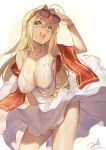  1girl ahoge bianyuanqishi blonde_hair blush bracelet breasts cleavage cosplay dress earrings eyewear_on_head fate_(series) green_eyes hair_intakes highres jewelry large_breasts long_hair marilyn_monroe marilyn_monroe_(cosplay) nero_claudius_(fate) nero_claudius_(fate)_(all) open_mouth shawl signature simple_background smile solo sunglasses white_background white_dress 