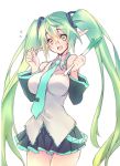  breasts detached_sleeves elf elsword eyebrows_visible_through_hair green_eyes green_hair hatsune_miku large_breasts necktie pointy_ears rena_(elsword) smile spring_onion twintails vocaloid wanko_(takohati8) 