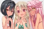  3girls bangs bare_shoulders black_hair blush breasts chloe_von_einzbern closed_mouth collarbone commentary_request dark_skin double_v eyebrows_visible_through_hair eyelashes fate/kaleid_liner_prisma_illya fate_(series) hair_between_eyes hair_ornament hairclip illyasviel_von_einzbern long_hair miyu_edelfelt multiple_girls nishin_(nsn_0822) open_mouth pink_hair red_eyes revision small_breasts smile v white_hair yellow_eyes 