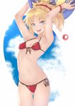  1girl arms_up ball beachball bikini blonde_hair blue_sky clouds cowboy_shot darahan fate/apocrypha fate/grand_order fate_(series) front-tie_bikini front-tie_top green_eyes hair_ornament hair_scrunchie looking_at_viewer mordred_(fate) mordred_(fate)_(all) mordred_(swimsuit_rider)_(fate) ponytail red_bikini red_scrunchie scrunchie side-tie_bikini sky solo swimsuit 