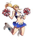  1girl absurdres alternate_costume bare_shoulders belt blonde_hair blue_eyes blue_skirt boots breasts cheerleader cleavage clenched_teeth full_body genderswap genderswap_(mtf) hair_between_eyes high_heel_boots high_heels highres large_breasts long_hair midriff miniskirt official_art ogura_eisuke pom_poms ponytail skirt snk_heroines:_tag_team_frenzy solo teeth terry_bogard white_background white_footwear 