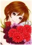  1boy bare_arms bare_shoulders bouquet brown_eyes brown_hair close-up eyelashes face flower flower_request happy head_tilt highres jirou_(asami0512jump) leaf light_smile looking_at_viewer meiko pink_background purple_flower red_flower red_rose red_shirt rose shirt short_hair simple_background sleeveless sleeveless_shirt smile solo_focus upper_body vocaloid white_flower 