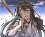  1girl baretto_(firearms_1) blue_sky blush bow clouds cloudy_sky crying crying_with_eyes_open eyebrows_visible_through_hair green_eyes green_hair hair_between_eyes headband japanese_clothes kantai_collection kimono long_hair long_sleeves looking_at_viewer one_eye_closed open_mouth sky solo tears torn_clothes torn_kimono zuikaku_(kantai_collection) 