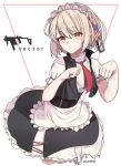 1girl absurdres apron artist_name character_name cosplay g36_(girls_frontline) g36_(girls_frontline)_(cosplay) girls_frontline highres looking_at_viewer maid maid_apron maid_headdress necktie paw_pose short_hair silver_hair simple_background vector_(girls_frontline) yellow_eyes youngwon 