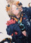  1girl abigail_williams_(fate/grand_order) animal_print arm_up bangs black_bow black_jacket black_tank_top blonde_hair blue_eyes blurry blurry_background bow brown_background closed_mouth commentary_request dangmill depth_of_field dutch_angle fate/grand_order fate_(series) fingernails hair_bow hair_bun jacket long_hair long_sleeves looking_at_viewer nail_art navel object_hug open_clothes open_jacket orange_bow parted_bangs polka_dot polka_dot_bow simple_background sleeves_past_fingers sleeves_past_wrists solo stuffed_animal stuffed_toy tank_top teddy_bear tentacle tiger_print v 