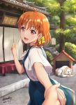  1girl :d ahoge artist_name bangs bow braid dated day dog doghouse dress hair_bow hand_holding highres index_finger_raised looking_at_viewer love_live! love_live!_sunshine!! noren open_mouth orange_hair outdoors pinafore_dress pov pov_hands red_eyes shamakho shiitake_(love_live!_sunshine!!) shirt short_hair short_sleeves side_braid smile solo_focus takami_chika tree white_shirt yellow_bow 