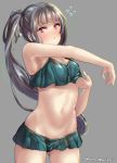  bikini blush breasts brown_eyes closed_mouth eyebrows_visible_through_hair green_bikini grey_background grey_hair juurouta kantai_collection kasumi_(kantai_collection) looking_at_viewer side_ponytail simple_background small_breasts swimsuit 