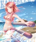  1girl ahoge alternate_costume bangs beach bikini blue_sky breasts cleavage clothes_writing commentary_request day hair_ornament highres i-58_(kantai_collection) kantai_collection looking_at_viewer navel ocean open_mouth pink_hair red_eyes seiya_(iiseven) short_hair side-tie_bikini sky solo swimsuit torpedo umbrella 