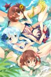  4girls :d :p ;d akatsuki_(kantai_collection) ass bangs bikini black_hair blue_bikini blue_eyes blue_flower blue_hair blurry blurry_foreground blush breasts brown_eyes brown_hair camouflage camouflage_bikini closed_mouth commentary_request cowboy_shot day depth_of_field eyebrows_visible_through_hair fang flower folded_ponytail green_bikini green_scrunchie hair_between_eyes hair_flower hair_ornament hairclip hibiki_(kantai_collection) highres hizuki_yayoi ikazuchi_(kantai_collection) inazuma_(kantai_collection) kantai_collection long_hair looking_at_viewer lying mismatched_bikini multiple_girls navel on_back on_side on_stomach one_eye_closed open_mouth outdoors partially_submerged plaid plaid_bikini plaid_scrunchie polka_dot polka_dot_bikini purple_hair red_bikini_bottom red_scrunchie scrunchie seashell shallow_water shell short_hair side-tie_bikini silver_hair small_breasts smile starfish striped striped_bikini_top swimsuit tongue tongue_out very_long_hair violet_eyes water wrist_scrunchie yellow_bikini yellow_flower 