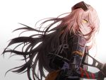  1girl bangs brown_hair clothes_writing damaged digi-mind_update_(girls_frontline) dirty eyebrows_visible_through_hair floating_hair from_side girls_frontline gloves gradient gradient_background gun h&amp;k_ump h&amp;k_ump45 hair_between_eyes hair_ornament headgear heckler_&amp;_koch holding holding_gun holding_weapon jacket long_hair looking_at_viewer one_eye_closed one_side_up parted_lips prosthesis prosthetic_arm scar scar_across_eye silence_girl simple_background smile submachine_gun torn_clothes twintails ump45_(girls_frontline) weapon wind wind_lift yellow_eyes 