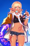  1girl accessory_tan adapted_costume artist_name ass_visible_through_thighs bangs black_sports_bra blonde_hair blue_sky blunt_bangs breasts brown_jacket cleavage clouds commentary_request covered_nipples cowboy_shot day denim denim_shorts food food_in_mouth gengoroumaru_(ambidextrous) green_eyes hand_up highres holding holding_eyewear hood hooded_jacket innertube jacket long_sleeves looking_at_viewer medium_breasts midriff mizuhashi_parsee mouth_hold navel open_clothes open_jacket outdoors pointy_ears popsicle red-framed_eyewear scarf shiny shiny_skin short_hair short_shorts shorts sky smile solo sports_bra standing stomach sunglasses tan tanline thighs touhou twitter_username white_scarf wide_sleeves wrist_cuffs 