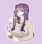  1girl bandaid bandaid_on_arm beige_sweater caffe0w0 commentary cropped_torso cuts doki_doki_literature_club english_commentary eyebrows_visible_through_hair flower gradient gradient_background hair_in_mouth hair_ornament hairclip hand_in_hair hand_up injury lily_(flower) long_hair looking_at_viewer object_namesake outline purple_background purple_hair ribbed_sweater scar simple_background solo sparkle sweater upper_body violet_eyes white_outline yuri_(doki_doki_literature_club) 