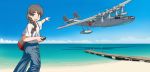  1girl aircraft airplane bag blue_sky braid brown_eyes brown_hair camera clouds day denim dock feet_out_of_frame flying_boat h6k highres horizon jeans kantai_collection long_hair open_mouth outdoors pants pointing porusasu shadow shirt single_braid sky solo thick_eyebrows uranami_(kantai_collection) white_shirt 