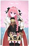  1boy armor astolfo_(fate) bangs belt black_bow black_legwear blush bow braid cape cowboy_shot fate/apocrypha fate/grand_order fate_(series) fur-trimmed_cape fur_trim garter_straps gauntlets hair_bow long_hair long_sleeves looking_at_viewer multicolored_hair pink_hair sara_(kurome1127) single_braid smile thigh-highs two-tone_hair v violet_eyes white_cape white_hair 