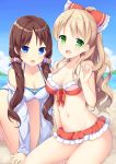  2girls :d :o all_fours amemiya_ruki bangs bare_arms bare_shoulders beach bikini blonde_hair blue_eyes blue_sky blush bow breasts brown_hair casual_one-piece_swimsuit cleavage clouds collarbone commentary_request day earrings eyebrows_visible_through_hair green_eyes hair_bow high_ponytail highres jacket jewelry long_hair looking_at_viewer low_twintails medium_breasts multiple_girls navel ocean off_shoulder one-piece_swimsuit open_clothes open_jacket open_mouth original outdoors ponytail red_bikini red_bow sand sidelocks sitting sky smile swimsuit twintails very_long_hair water white_jacket white_swimsuit 