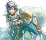  1boy akke arm_guards armor blue_hair breastplate cape fire_emblem fire_emblem_heroes green_eyes hrid_(fire_emblem_heroes) looking_at_viewer pauldrons smile solo 