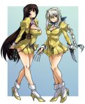  2girls agent_aika bow braid breasts brown_hair cleavage cleavage_cutout commentary delmogeny_uniform dress golden_delmo gun hair_bow high_heels long_hair multiple_girls sania_(agent_aika) silver_hair skj socks tonia weapon yellow_dress 