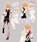  1boy 1girl anoko_(darenokoanoko) bare_shoulders blonde_hair blue_eyes blue_footwear blush checkered closed_mouth dress grey_background hands_on_own_face heart kingdom_hearts kingdom_hearts_ii long_hair looking_at_viewer namine outline pants roxas sandals short_dress short_hair smile spiky_hair translated white_dress white_outline wristband 