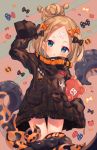  1girl :o abigail_williams_(fate/grand_order) american_flag american_flag_print ana_(rznuscrf) animal_print arm_up bangs black_bow black_jacket blonde_hair blue_eyes blush bow commentary_request fate/grand_order fate_(series) flag_print hair_bow hair_bun head_tilt jacket long_hair long_sleeves looking_at_viewer object_hug orange_bow parted_bangs parted_lips polka_dot polka_dot_bow sleeves_past_fingers sleeves_past_wrists solo stuffed_animal stuffed_toy suction_cups teddy_bear tentacle tiger_print 