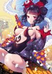  1girl absurdres bare_legs black_bodysuit black_hair black_kimono bodysuit bow breasts fate/grand_order fate_(series) fine_art_parody flower hair_flower hair_ornament hairpin highres ink japanese_clothes jitome katsushika_hokusai_(fate/grand_order) kimono looking_at_viewer may_(2747513627) medium_breasts nihonga orange_bow paintbrush parody pouty_lips revealing_clothes short_hair sideboob skin_tight waves 