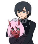  1boy 1girl bangs black_bodysuit black_cloak black_hair blue_eyes bodysuit child cloak commentary_request couple darling_in_the_franxx ericgod38 gloves green_eyes hand_on_another&#039;s_head hetero hiro_(darling_in_the_franxx) hood hooded_cloak horns hug hug_from_behind long_hair oni_horns parka pilot_suit pink_hair red_horns red_pupils red_sclera red_skin short_hair white_gloves zero_two_(darling_in_the_franxx) 