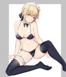  1girl artoria_pendragon_(all) artoria_pendragon_(swimsuit_rider_alter) bikini black_bikini black_bow black_legwear blonde_hair bow cibo_(killy) collarbone fate/grand_order fate_(series) frilled_bikini_top hair_bow leg_garter maid_bikini maid_headdress side-tie_bikini solo swimsuit thigh-highs yellow_eyes 