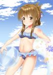  1girl air_(alanais) ball beach beachball bikini blue_bikini blue_sky brown_eyes brown_hair clouds cowboy_shot day folded_ponytail highres horizon inazuma_(kantai_collection) innertube kantai_collection long_hair ocean outdoors polka_dot polka_dot_bikini sky smile solo swimsuit unmoving_pattern 