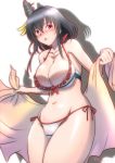  1girl bikini black_hair blush breasts commentary_request embarrassed hair_ornament kantai_collection large_breasts mokerou open_mouth red_eyes sarong_removed shadow short_hair side-tie_bikini solo swimsuit white_background white_bikini yamashiro_(kantai_collection) 