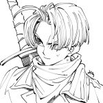  black close-up dragon_ball dragon_ball_super dragonball_z frown jacket light_smile looking_away monochrome neckerchief short simple_background smile sword trunks_(dragon_ball) upper_body weapon white white_background 