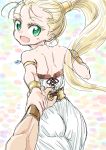  1boy 1girl arm_grab armlet ass blonde_hair chrono chrono_trigger commentary_request green_eyes jewelry long_hair marle necklace open_mouth ponytail pov s-a-murai smile 