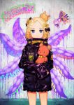  1girl :&lt; abigail_williams_(fate/grand_order) alternate_hairstyle bandaid_on_forehead bangs belt black_bow black_jacket blonde_hair blue_eyes blush bow closed_mouth cowboy_shot fate/grand_order fate_(series) forehead hair_bow hair_bun high_collar highres holding holding_stuffed_animal jacket lavinia_whateley_(fate/grand_order) long_hair long_sleeves looking_at_viewer object_hug orange_bow parted_bangs polka_dot polka_dot_bow sleeves_past_fingers sleeves_past_wrists solo standing stuffed_animal stuffed_toy suction_cups teddy_bear tentacle tetsubuta thighs 