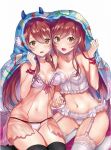  2girls babydoll bangs bare_shoulders black_legwear blanket blush bra breasts brown_hair choker cleavage collarbone commentary_request corset eyebrows_visible_through_hair fake_horns frilled_panties frills garter_belt hair_between_eyes hand_holding idolmaster idolmaster_shiny_colors lace lace-trimmed_thighhighs lingerie long_hair looking_at_viewer maumen medium_breasts multiple_girls navel oosaki_amana oosaki_tenka open_mouth panties pink_bra pink_panties ribbon see-through siblings simple_background sisters sitting smile thigh-highs twins underwear underwear_only white_background white_corset white_legwear white_panties wrist_ribbon yellow_eyes yokozuwari 
