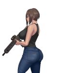  ass assault_rifle blue_eyes breasts brown_hair dark_skin denim denim_shorts gun heckler_&amp;_koch hips hk416 huge_ass huge_breasts mature mk001black original rifle self_upload shorts weapon 