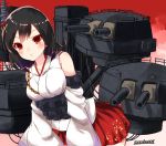 1girl artist_name black_hair blush breasts cannon detached_sleeves hair_ornament highres kantai_collection large_breasts leaning_forward light_smile looking_at_viewer miniskirt momiji_(103) nontraditional_miko red_eyes red_skirt rigging short_hair skirt solo turret yamashiro_(kantai_collection) 