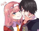  1boy 1girl bangs black_hair character_name commentary_request couple darling_in_the_franxx face-to-face facing_another forehead-to-forehead green_eyes hair_ornament hairband hand_on_another&#039;s_face hetero highres hiro_(darling_in_the_franxx) horns long_hair long_sleeves looking_at_another mekune military military_uniform necktie oni_horns orange_neckwear pink_hair red_horns short_hair uniform white_hairband zero_two_(darling_in_the_franxx) 