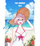  1girl 2017 adjusting_clothes adjusting_hat bare_shoulders blue_bow blush bow breasts cleavage clouds cloudy_sky collarbone day dress dress_swimsuit fate/grand_order fate_(series) flower hat hat_bow hibiscus horizon lavender_eyes lavender_hair looking_at_viewer mash_kyrielight medium_breasts ocean open_mouth outdoors pink_bow sara_(kurome1127) short_hair sky smile sun_hat swimsuit swimsuit_of_perpetual_summer upper_body violet_eyes white_dress white_swimsuit 