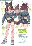  1girl ahoge animal_ears breasts brown_hair commentary green_eyes large_breasts long_sleeves navel open_mouth original poch4n raccoon_ears raccoon_tail shoes short_hair short_shorts shorts smile solo striped striped_legwear tail tanuki 