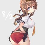  1girl ass black_gloves blue_eyes blush braid breasts corset curvy dated from_behind gloves grey_background hair_between_eyes hair_ornament headband hips hirune_(konekonelkk) kantai_collection large_breasts leaning_forward light_brown_hair long_hair looking_back no_pants open_mouth panties panties_day propeller_hair_ornament red_panties sailor_collar short_hair short_sleeves simple_background solo standing teruzuki_(kantai_collection) twin_braids two-tone_gloves underwear white_gloves wide_hips 