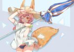  1girl absurdres animal_ears bikini blue_bikini breasts ears_through_headwear fate/grand_order fate_(series) fox_ears fox_tail highres holding large_breasts long_hair looking_at_viewer one_eye_closed parasol pink_hair shirt solo suo_niao swimsuit t-shirt tail tamamo_(fate)_(all) tamamo_no_mae_(swimsuit_lancer)_(fate) umbrella yellow_eyes 
