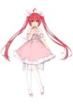  1girl :d absurdres bare_shoulders date_a_live dress full_body hair_between_eyes hair_ribbon hand_on_own_chest highres itsuka_kotori knees_together_feet_apart long_hair mo_(pixiv9929995) open_mouth pink_dress pink_footwear pumps red_eyes redhead ribbon simple_background smile solo spaghetti_strap thigh-highs twintails very_long_hair white_legwear white_ribbon 