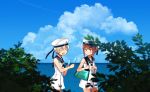  2girls ^_^ ^o^ annin_musou blonde_hair blue_sailor_collar blue_sky blush brown_eyes brown_hair closed_eyes closed_eyes clothes_writing clouds commentary_request day eyebrows_visible_through_hair food hat holding holding_food kantai_collection multiple_girls ocean open_mouth popsicle sailor_collar sailor_hat short_hair sky sleeveless smile white_hat z1_leberecht_maass_(kantai_collection) z3_max_schultz_(kantai_collection) 