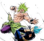  2boys armor battle blank_eyes blue_hair boots broly clenched_hand clenched_hands commentary dragon_ball dragon_ball_super dragonball_z duel evil_smile fingernails gloves green_hair incoming_punch male_focus multiple_boys muscle no_pupils pants profile purple_pants scar shirtless short_hair simple_background smile spiky_hair super_saiyan super_saiyan_blue teeth torn_clothes vegeta white_background white_gloves wristband 